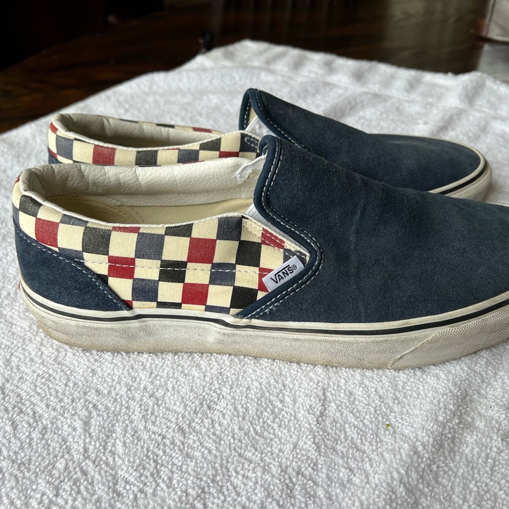Vans.   Slip on.  Suede blue with red white blue & black checkers. Size 11.5